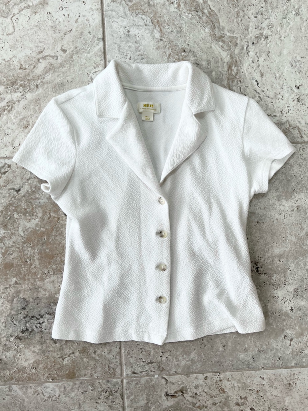 Maeve Anthropologie Notched Lapel Crinkle Button Front Short Sleeve Top White,S - Picture 11 of 11